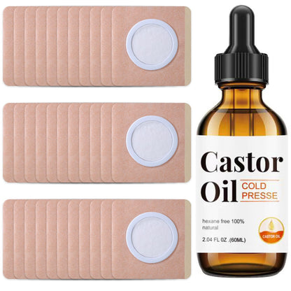 30Pcs Disposable Castor Oil Belly Button Patches – Self-Adhesive, Organic Cold-Pressed Oil in Amber Glass 2.04oz