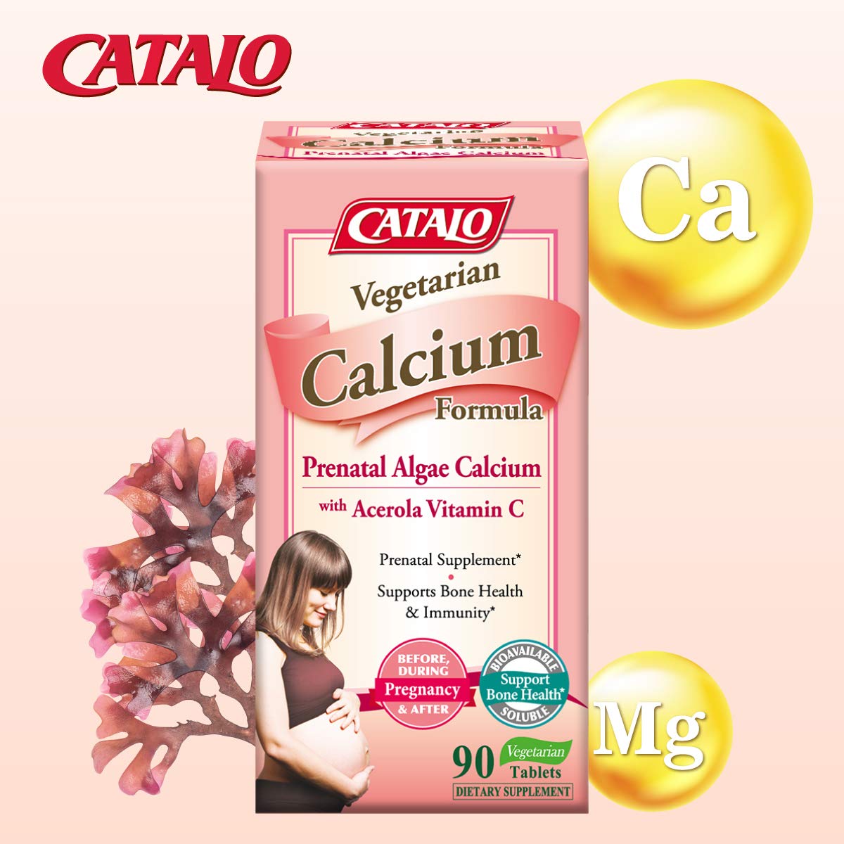 CATALO Vegetarian Calcium for Women - Plant-Based Red Algae Calcium with Magnesium & Vitamin C - 90 Tablets