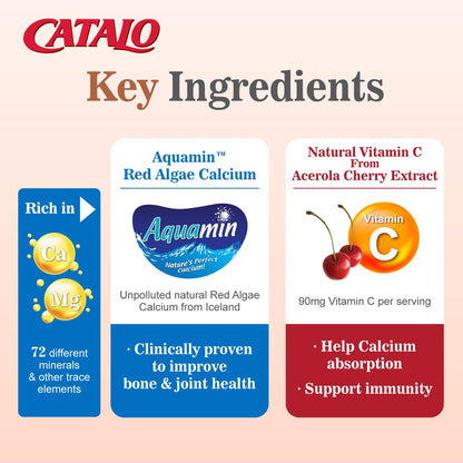 CATALO Vegetarian Calcium for Women - Plant-Based Red Algae Calcium with Magnesium & Vitamin C - 90 Tablets
