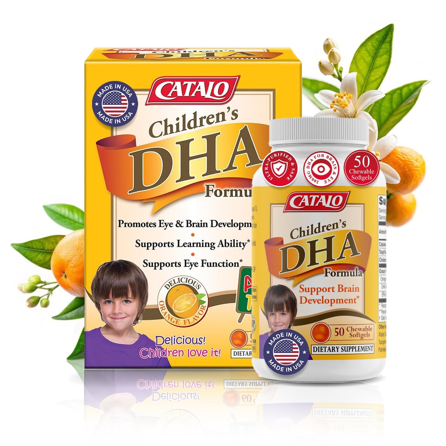CATALO Children's DHA Formula - 200mg DHA per Serving, Orange Flavor, 50 Softgels