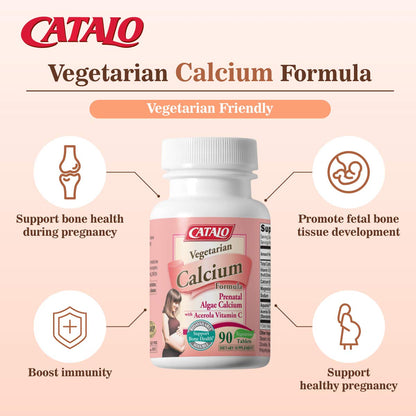 CATALO Vegetarian Calcium for Women - Plant-Based Red Algae Calcium with Magnesium & Vitamin C - 90 Tablets
