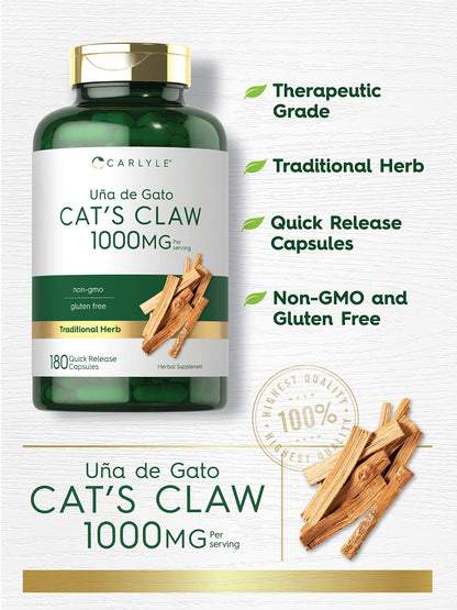 Carlyle Cat's Claw 1000mg Capsules - 180 Count | Uncaria Tomentosa | Non-GMO, Gluten Free