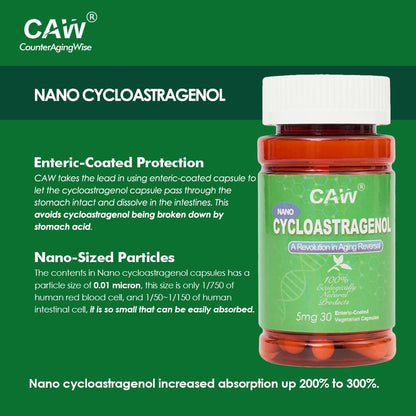 CAW Nano Cycloastragenol 98% 5mg 30 Caps | Anti-Aging Telomere Plus | Non-GMO, Made in USA | Better Absorption | Enteric-Coated Vegetarian Capsules (3 Bottles