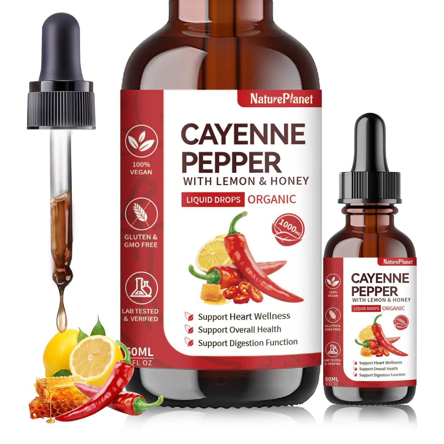Cayenne Pepper Drops with Lemon & Honey – Vascu Flow with A, C & K2 | Heart Health | Vegan, Gluten-Free, Organic | 60 ml