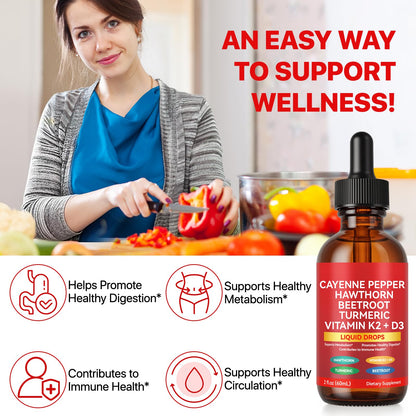 Cayenne Pepper Drops with Hawthorn, Beet Root & Turmeric - Vitamin K2 & D3 Liquid (60ml)