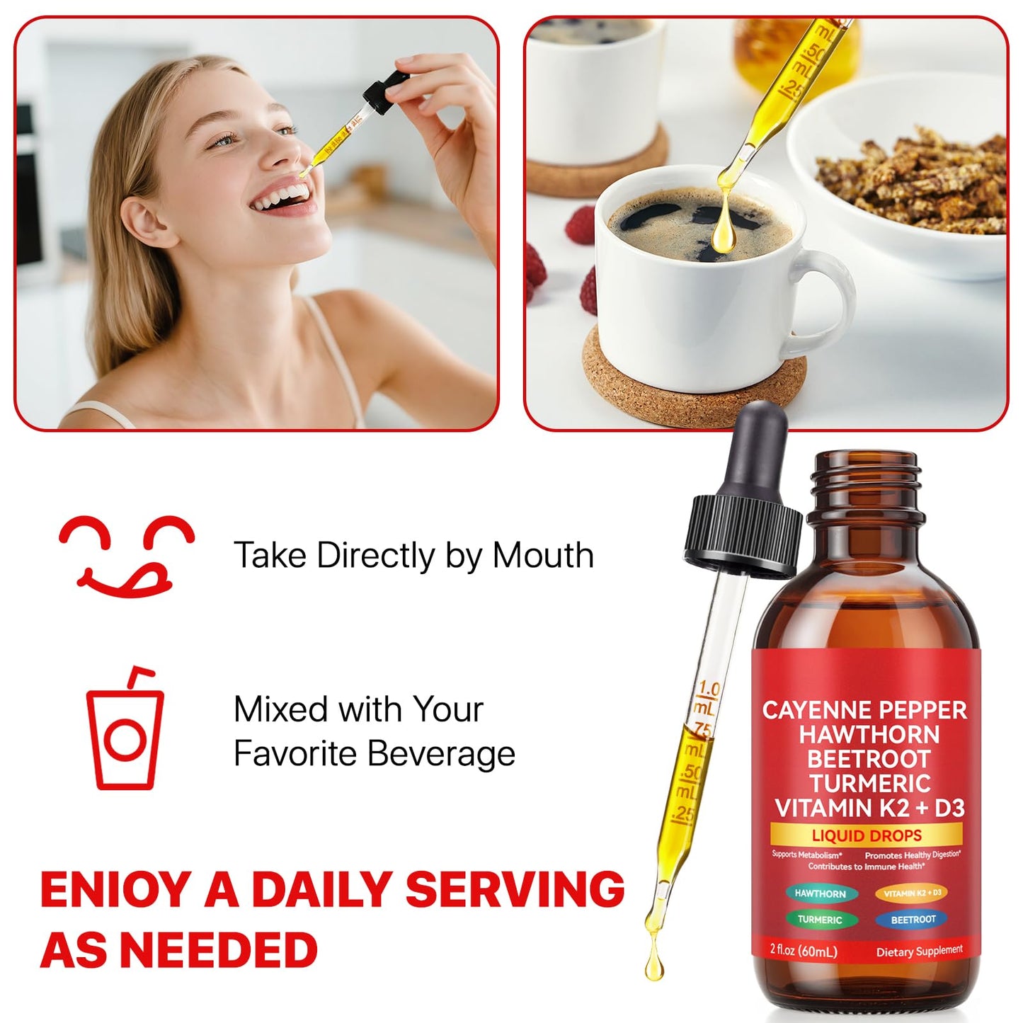 Cayenne Pepper Drops with Hawthorn, Beet Root & Turmeric - Vitamin K2 & D3 Liquid (60ml)