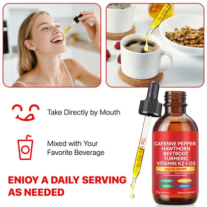 Cayenne Pepper Drops with Hawthorn, Beet Root & Turmeric - Vitamin K2 & D3 Liquid (60ml)
