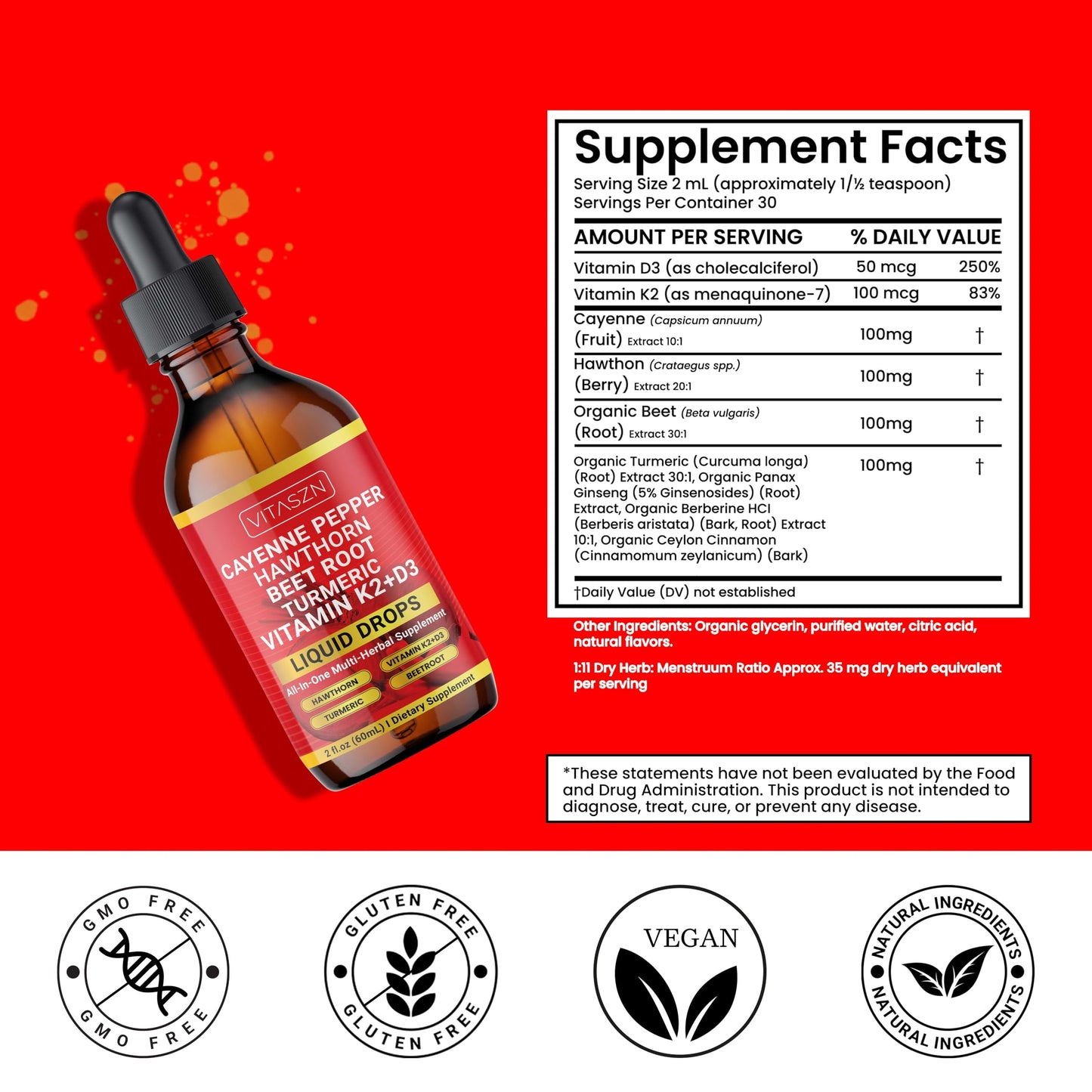 Cayenne Pepper Drops - Liquid Supplement with Hawthorn, D3+K2, Beet Root, Turmeric, Cinnamon, Ginseng & Berberine (2oz/60ml) Vegan