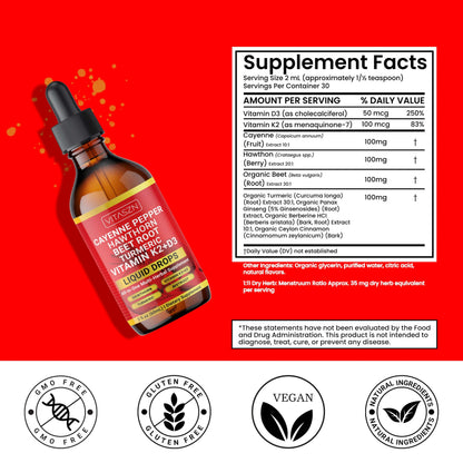 Cayenne Pepper Drops - Liquid Supplement with Hawthorn, D3+K2, Beet Root, Turmeric, Cinnamon, Ginseng & Berberine (2oz/60ml) Vegan