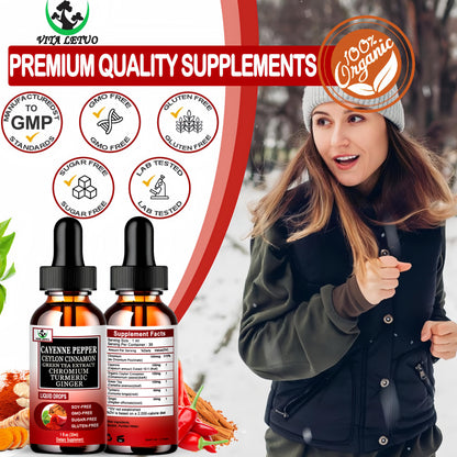 Cayenne Pepper Drops – High-Absorption 6-in-1 Liquid Cayenne Supplement with Ceylon Cinnamon, Green Tea Extract & Turmeric | 30 Servings