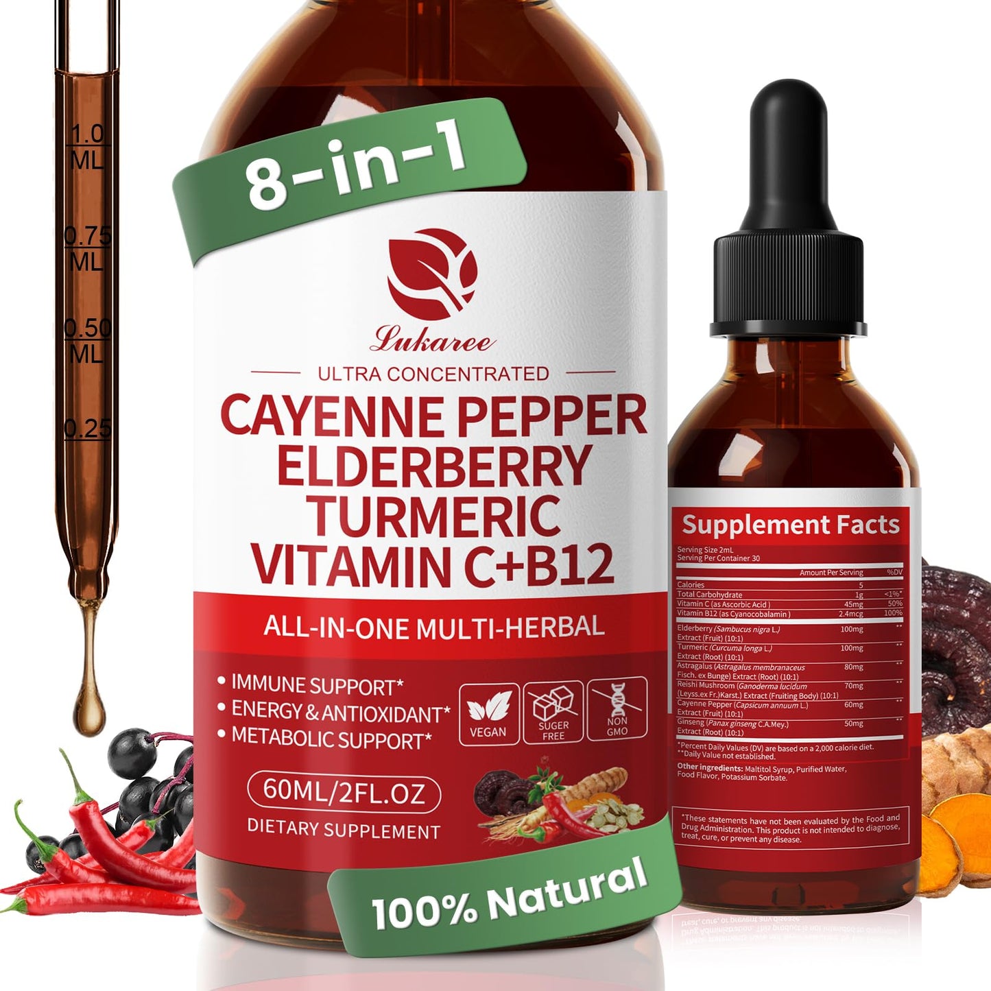 Cayenne Pepper Drops 8-in-1 Complex | Berry Flavor, 2 oz – Elderberry, Turmeric, Ginseng, Vitamin C & B12