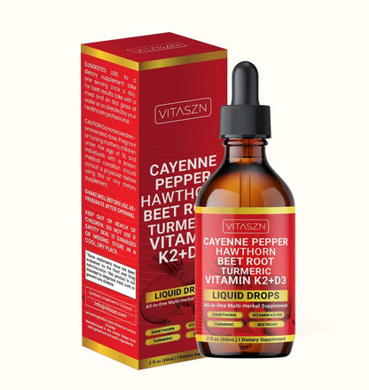 Cayenne Pepper Drops - Liquid Supplement with Hawthorn, D3+K2, Beet Root, Turmeric, Cinnamon, Ginseng & Berberine (2oz/60ml) Vegan