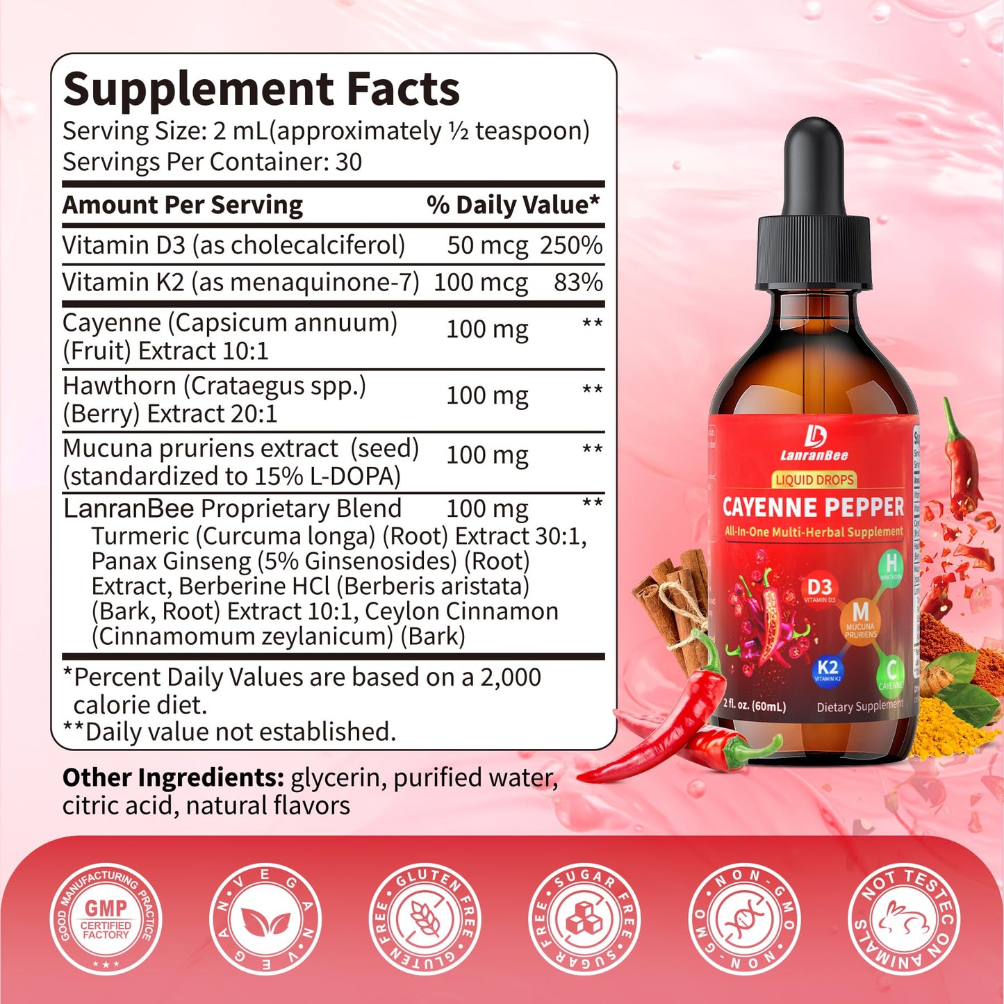 Cayenne Pepper Liquid Drops with Hawthorn & Vitamin D3 K2 – 2 fl oz | Vegan, Non-GMO