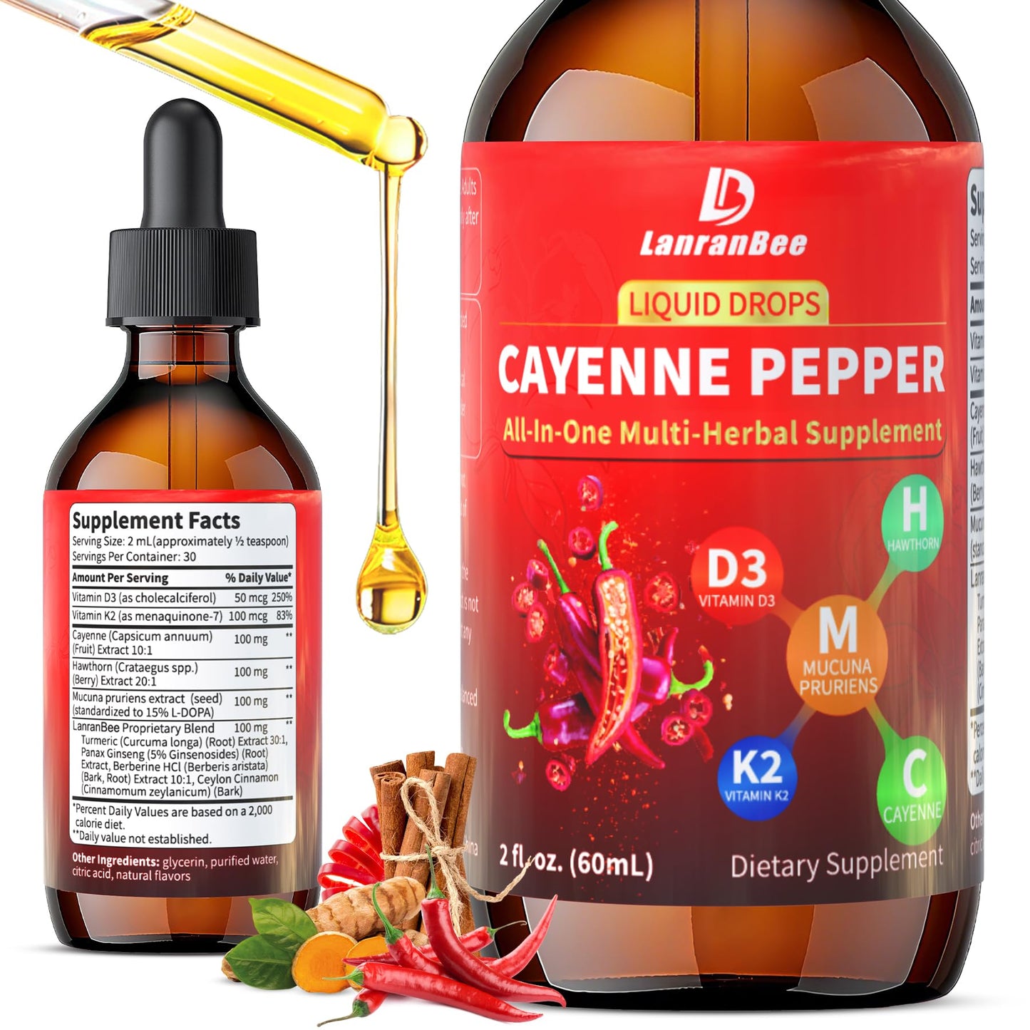 Cayenne Pepper Liquid Drops with Hawthorn & Vitamin D3 K2 – 2 fl oz | Vegan, Non-GMO