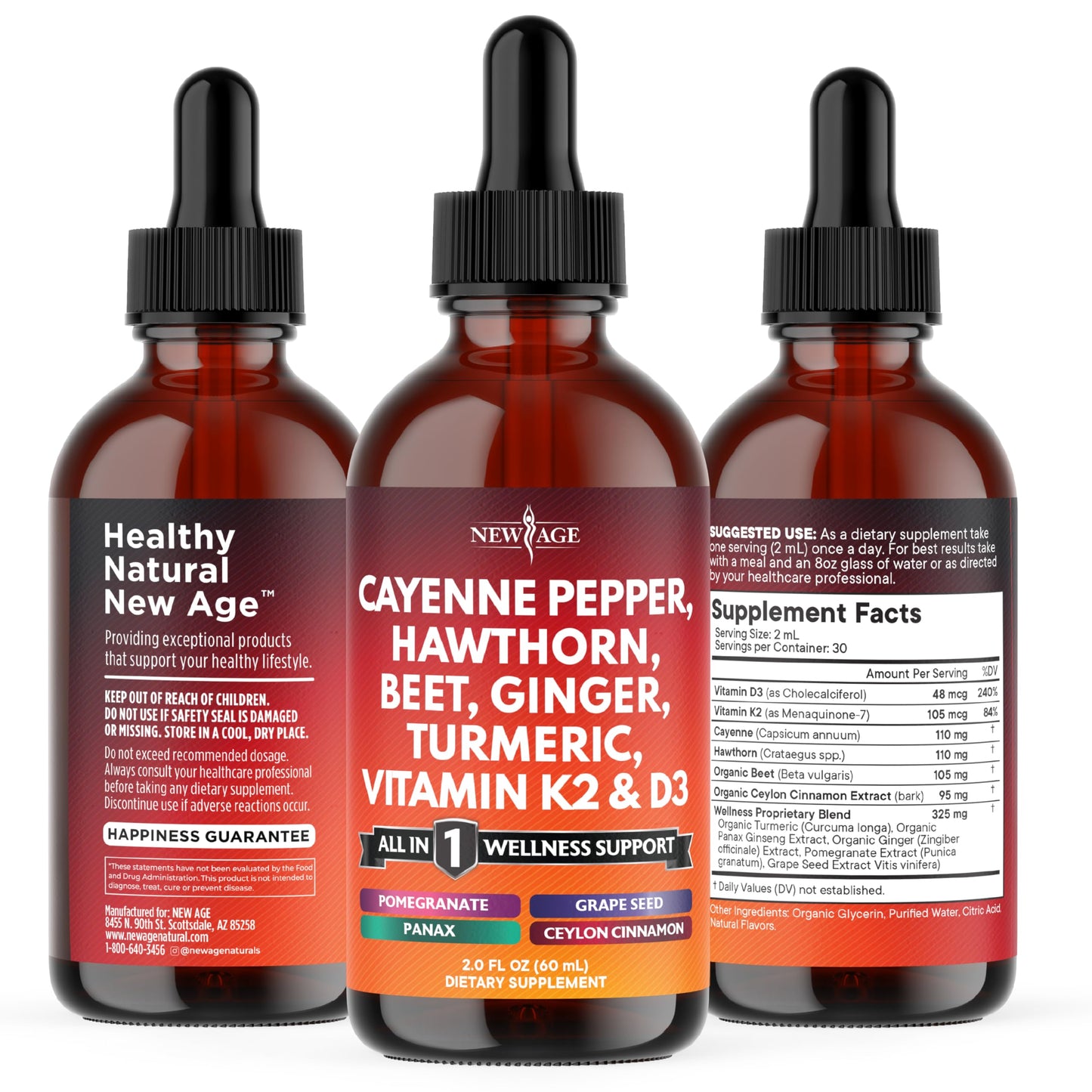 NEW AGE Cayenne Pepper Liquid Drops with Hawthorn Berry, D3 K2, Beet Root, Cinnamon, Turmeric, and Ginseng – 8 oz