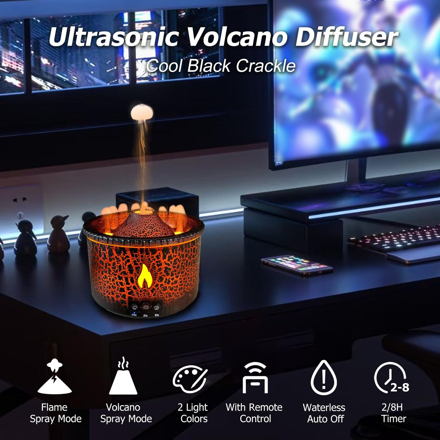Cechlicht Volcano Diffuser 300ml – Flame & Volcano Mist Mode, Remote, Auto Shut-Off, 2 Colors | Essential Oil Diffuser