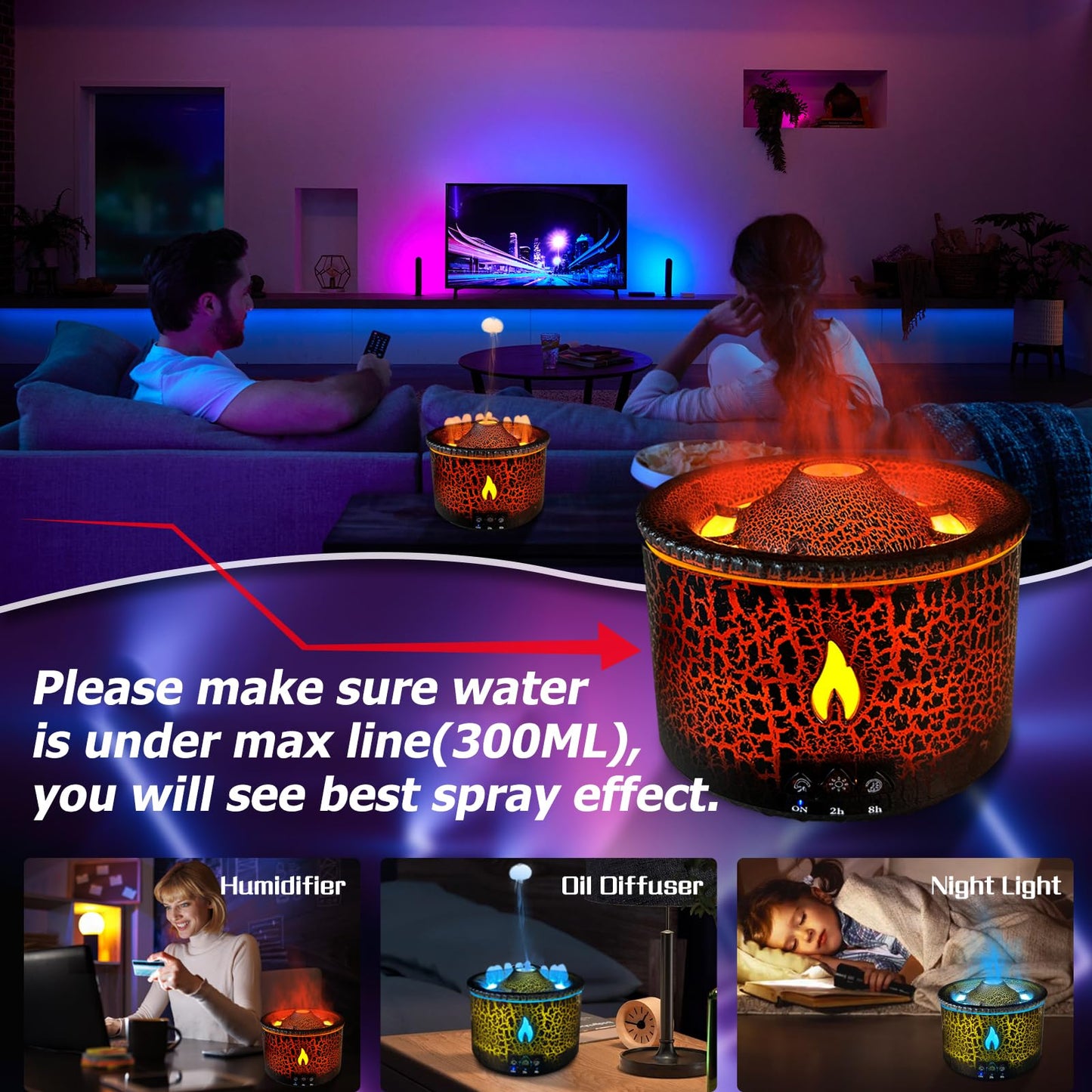 Cechlicht Volcano Diffuser 300ml – Flame & Volcano Mist Mode, Remote, Auto Shut-Off, 2 Colors | Essential Oil Diffuser