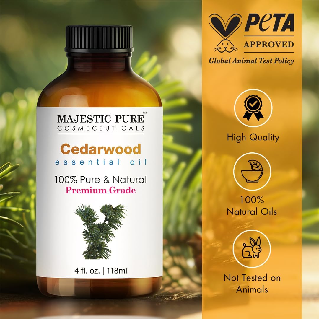 Majestic Pure Cedarwood Essential Oil with Glass Dropper – 100% Pure & Natural – 4 Fl Oz