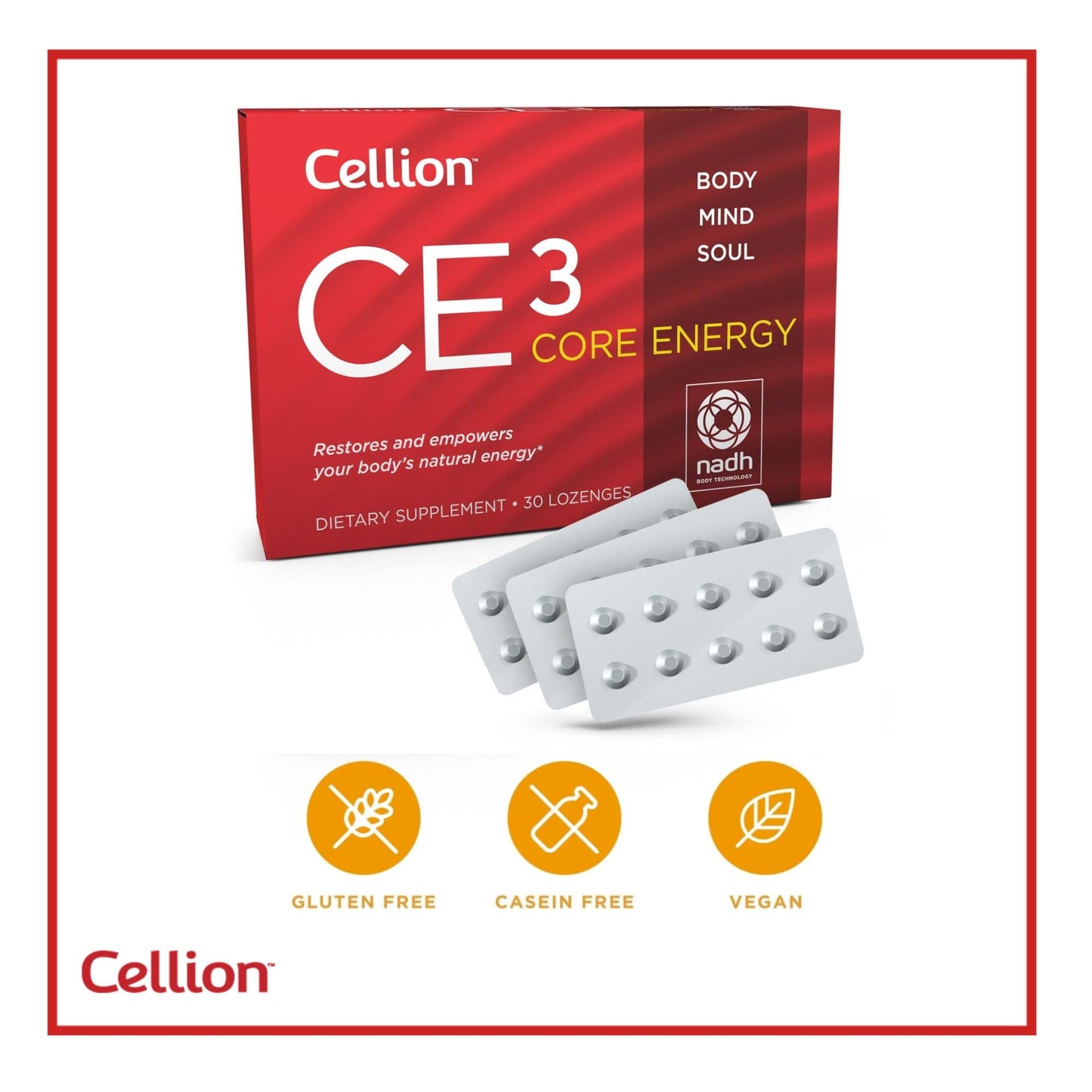 Cellion CE3 Core Energy NADH Supplement More Effective Than Other Supplements | Best for Energy Production, Metabolism, Antiaging, Cellular ATP Development, Performance | Vegan 30 Count 20mg Lozenges