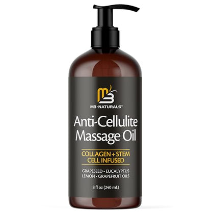 Anti Cellulite Massage Oil & Silicone Body Brush — Collagen & Stem Cell Skin Tightening, 8 fl oz by M3 Naturals