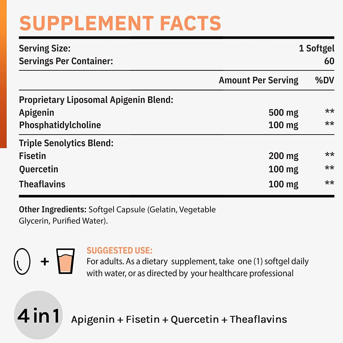 Cenffitio Liposomal Apigenin 500mg Softgels — Enhanced Absorption with Fisetin, Quercetin & Theaflavins (4-Month Supply)