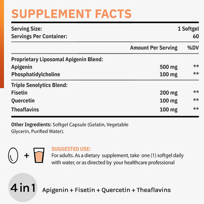 Cenffitio Liposomal Apigenin 500mg Softgels — Enhanced Absorption with Fisetin, Quercetin & Theaflavins (4-Month Supply)