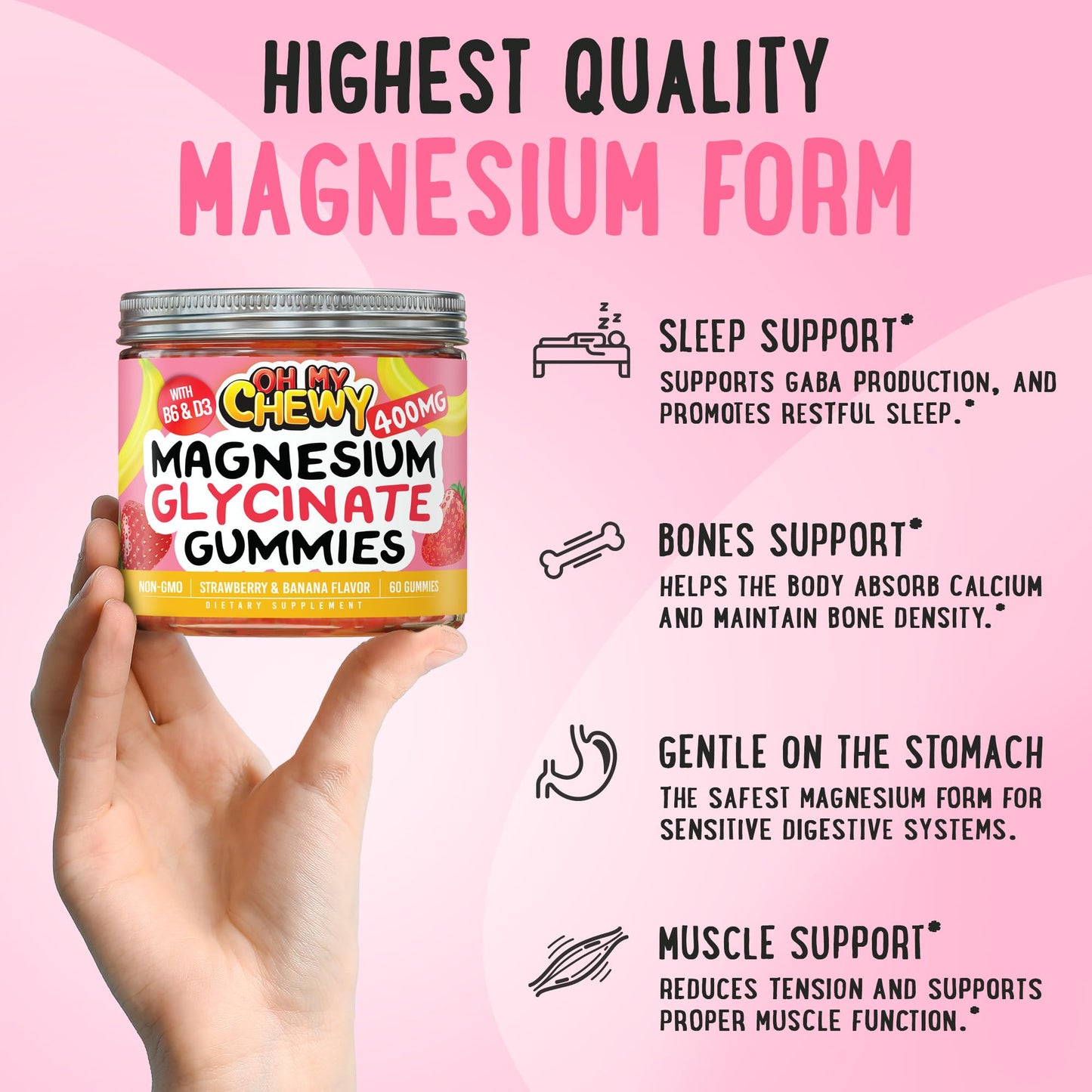 OH MY CHEWY Center-Filled Magnesium Glycinate Gummies 400MG – High Absorption, Gluten Free & Vegan – Sleep, Calm & Muscle Support – 120 Count