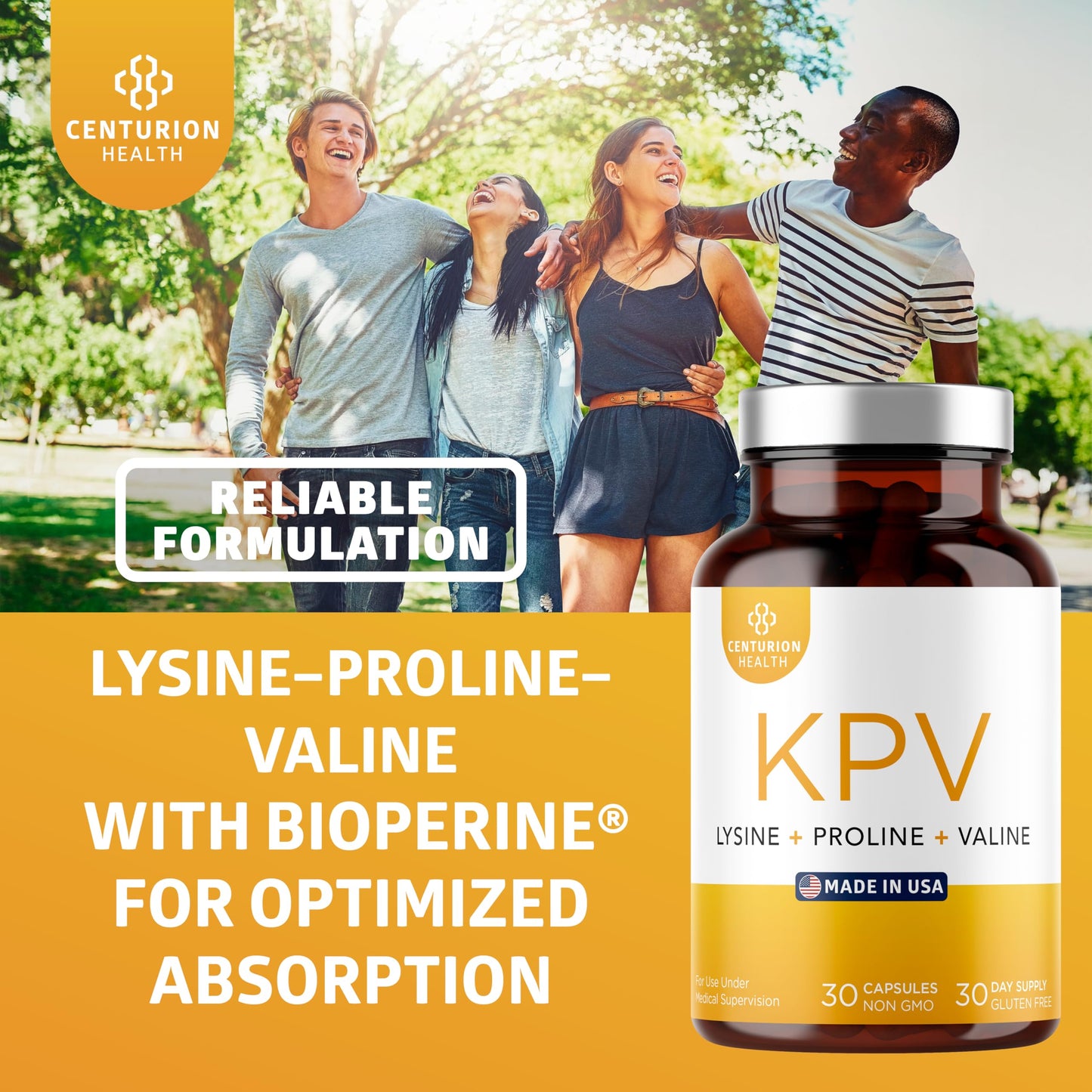 Centurion Labs KPV Supplement: Lysine-Proline-Valine Peptide with BioPerine, 500mcg per Serving, 30 Capsules
