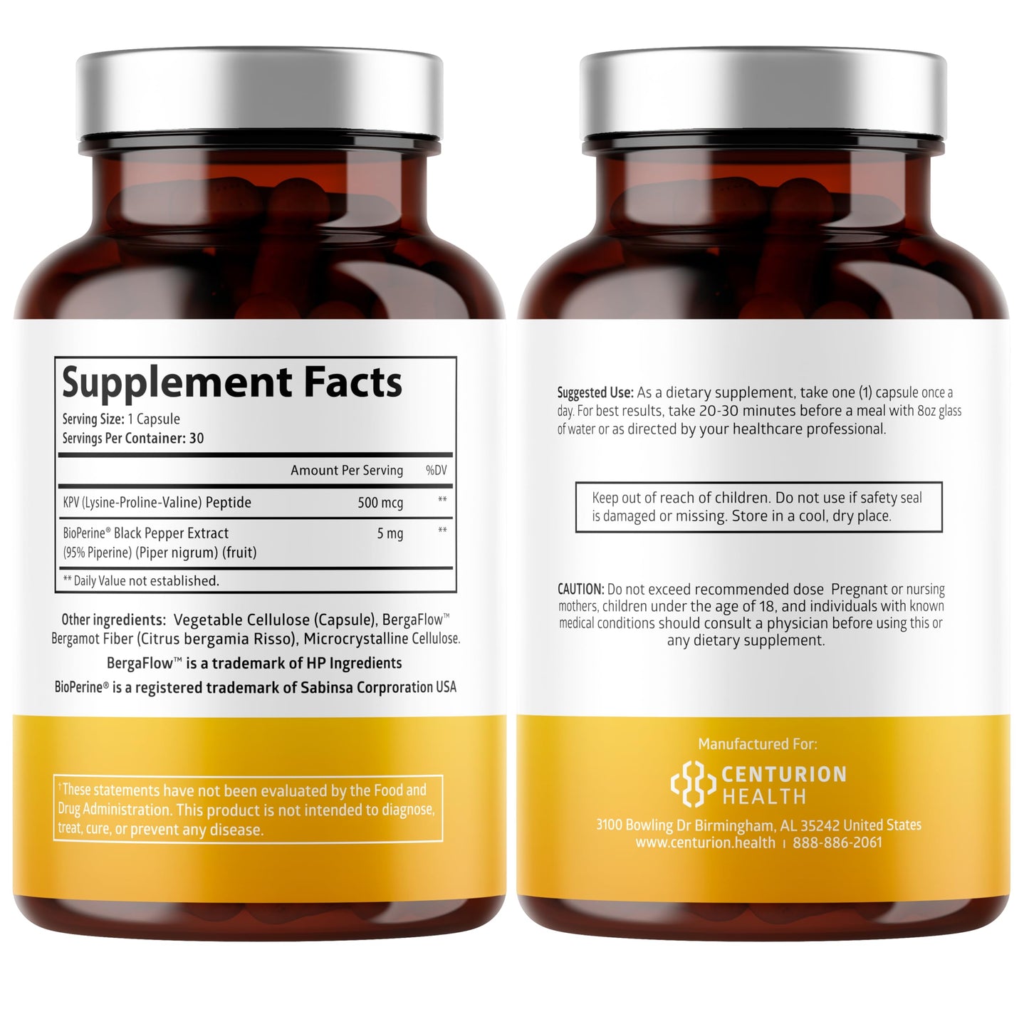 Centurion Labs KPV Supplement: Lysine-Proline-Valine Peptide with BioPerine, 500mcg per Serving, 30 Capsules