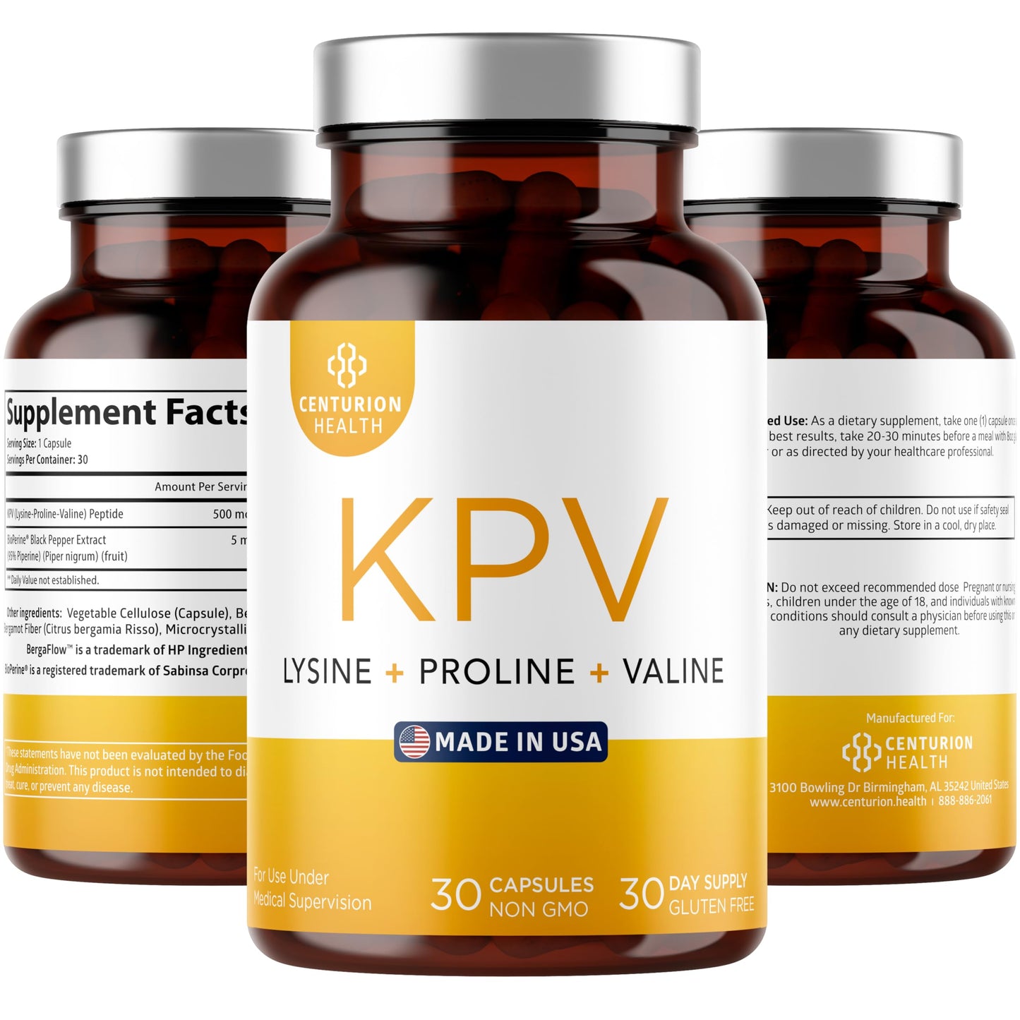 Centurion Labs KPV Supplement: Lysine-Proline-Valine Peptide with BioPerine, 500mcg per Serving, 30 Capsules