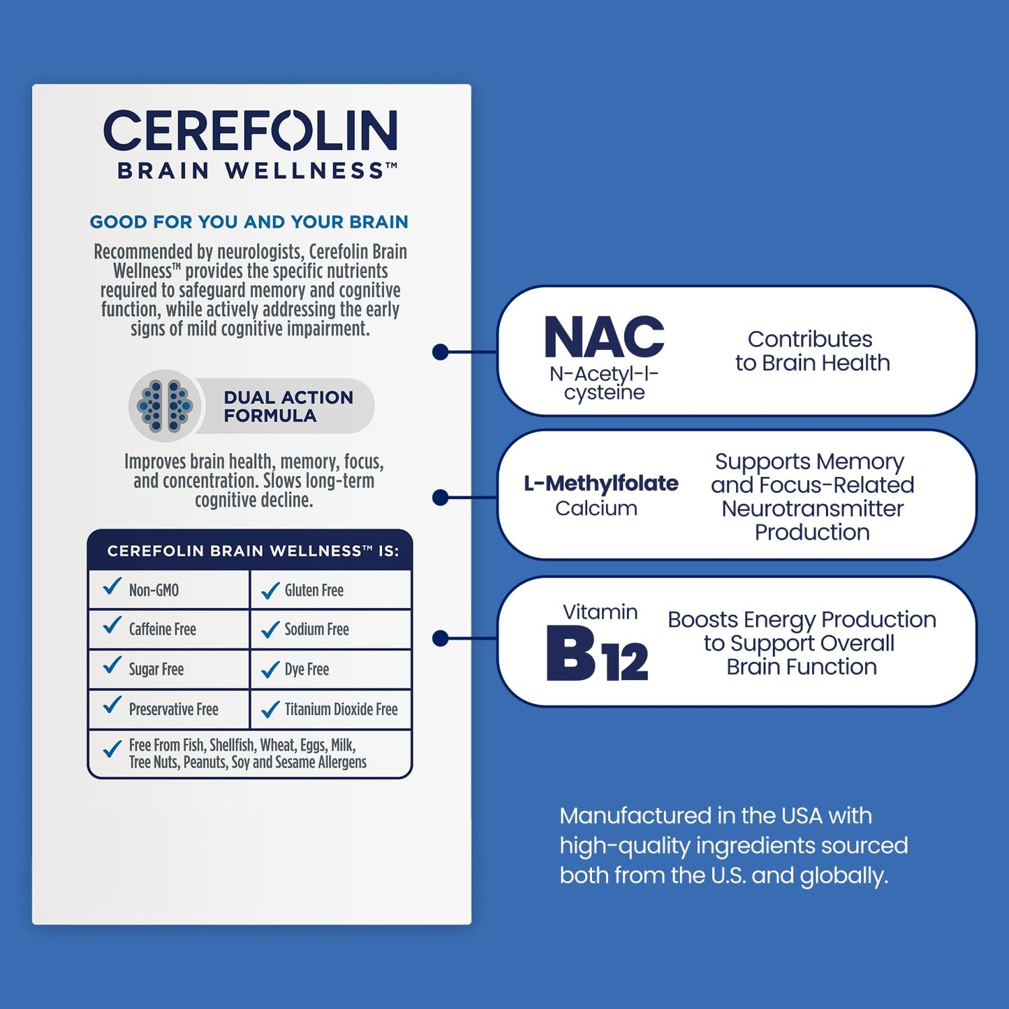 Cerefolin Brain Wellness | Targeted Cognitive Support with L-Methylfolate, NAC & B12 | 30 Count