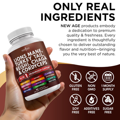 NEW AGE Lions Mane 20-in-1 Mushroom Supplement with Turkey Tail, Reishi, Chaga, Cordyceps, Marshmallow Root – 180 Count