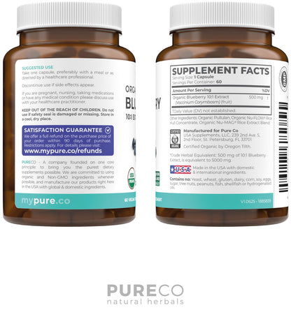 Certified Organic Blueberry Extract Capsules - 10:1 Potency, 2 Month Supply | Vegan, Non-GMO