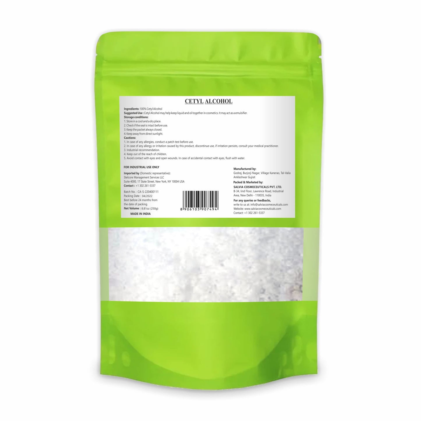 Cetyl Alcohol 250gm / 8.81 oz by Salvia | Cosmetic Emulsifier & Thickener
