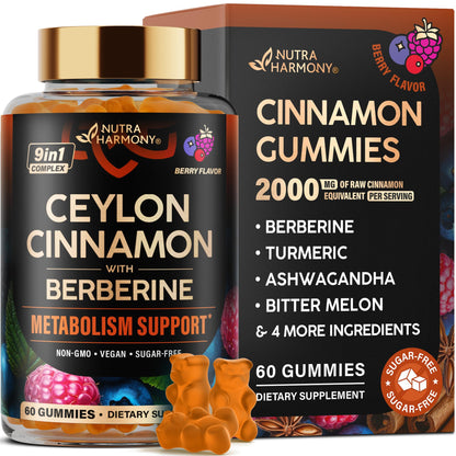 Ceylon Cinnamon Gummies 2000 mg – Berberine, Turmeric, Ashwagandha | Sugar-Free 60 Gummies