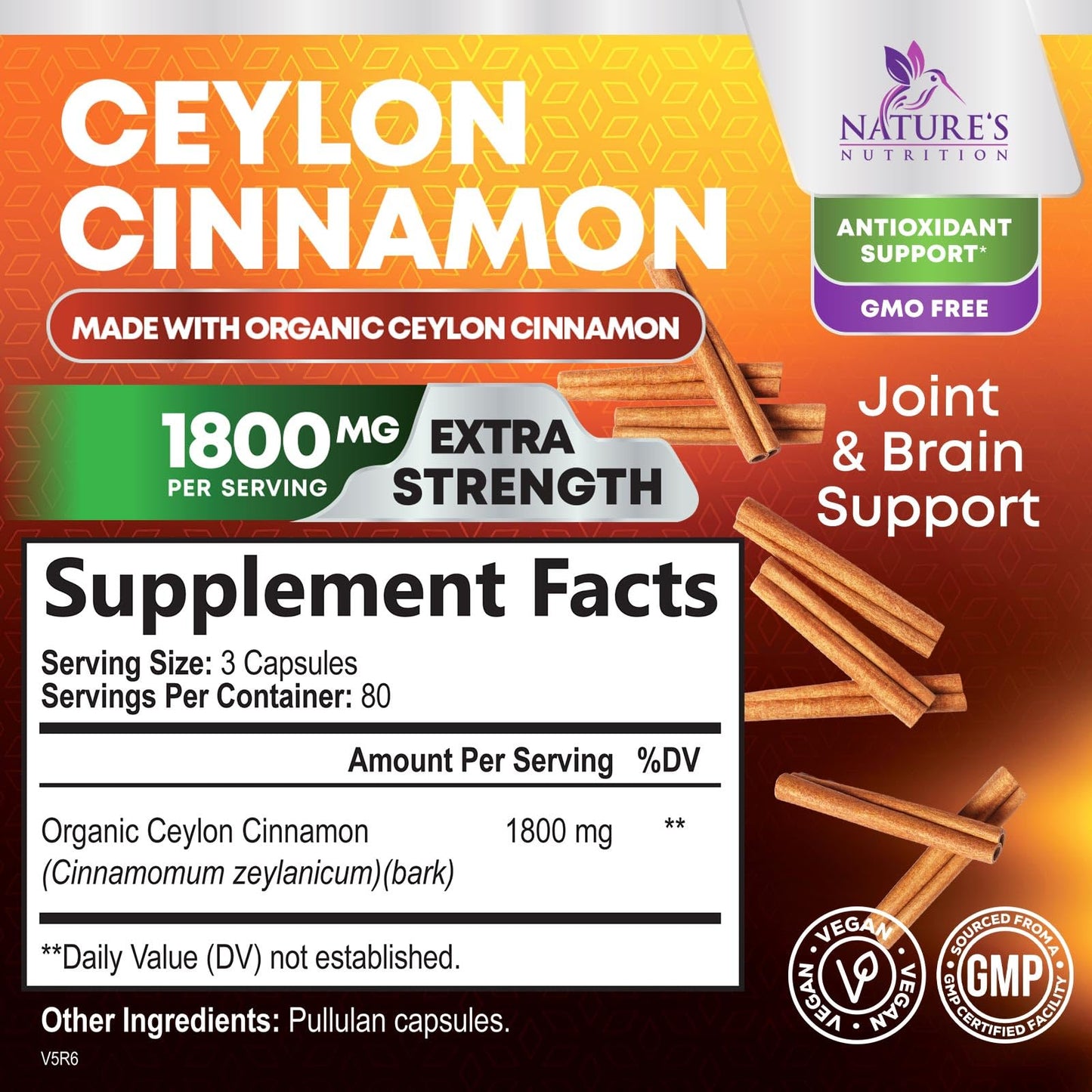 Organic Ceylon Cinnamon 1800mg Supplement – 240 Capsules (USA Bottled)