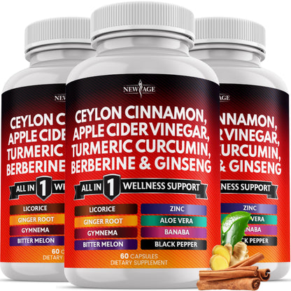 NEW AGE Ceylon Cinnamon Turmeric ACV Ginseng 14-in-1 Capsule – 180 Count