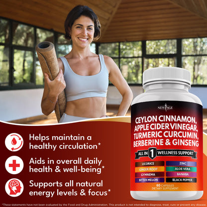 NEW AGE Ceylon Cinnamon Turmeric ACV Ginseng 14-in-1 Capsule – 180 Count
