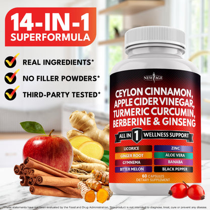NEW AGE Ceylon Cinnamon Turmeric ACV Ginseng 14-in-1 Capsule – 180 Count