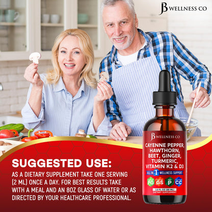 JB Wellness Co Cayenne Pepper Liquid Drops + Hawthorn Berry, D3 K2 & Beet Root – 6oz