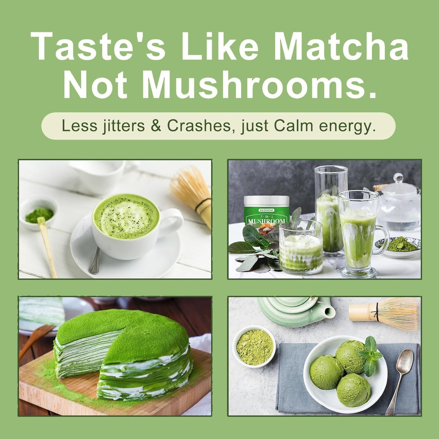 Mushroom Matcha Adaptogenic Blend – 7 Mushrooms + Ceremonial Grade Matcha, 45 Servings