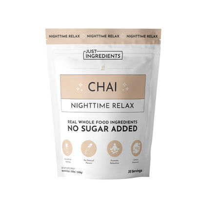 JUST INGREDIENTS Chai Nighttime Relax Drink Mix – 30 Servings | No Sugar Added | Magnesium, L-Theanine, Chamomile & Tart Cherry