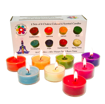 Chakra Colored & Scented Tealight Candles - 16 Pcs, 60+ Hours Burn Time