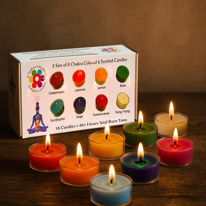 Chakra Colored & Scented Tealight Candles - 16 Pcs, 60+ Hours Burn Time