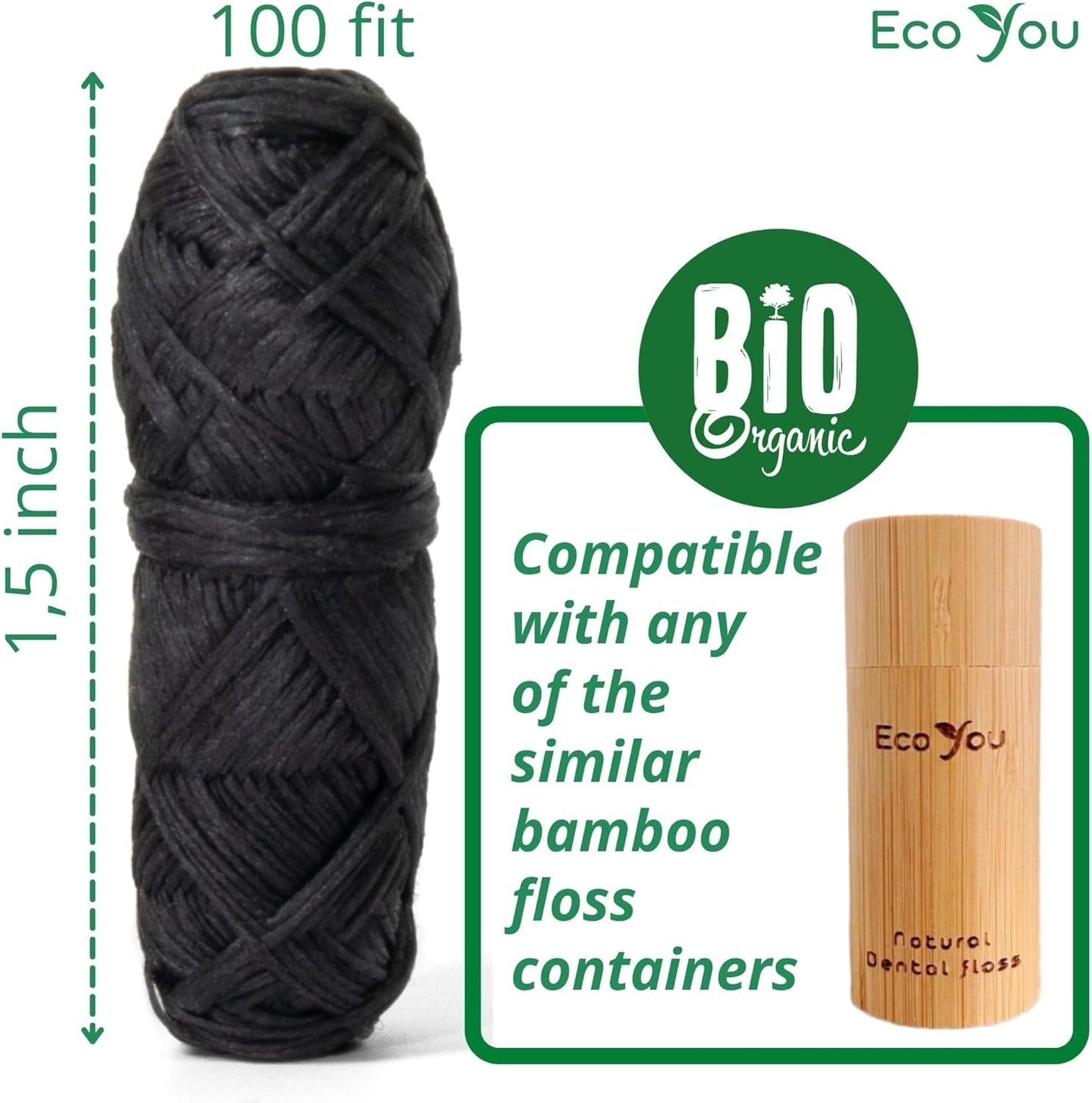 Charcoal Bamboo Floss - 2 Refills in Bamboo Container | Mint & Candelilla Wax | Vegan & Biodegradable