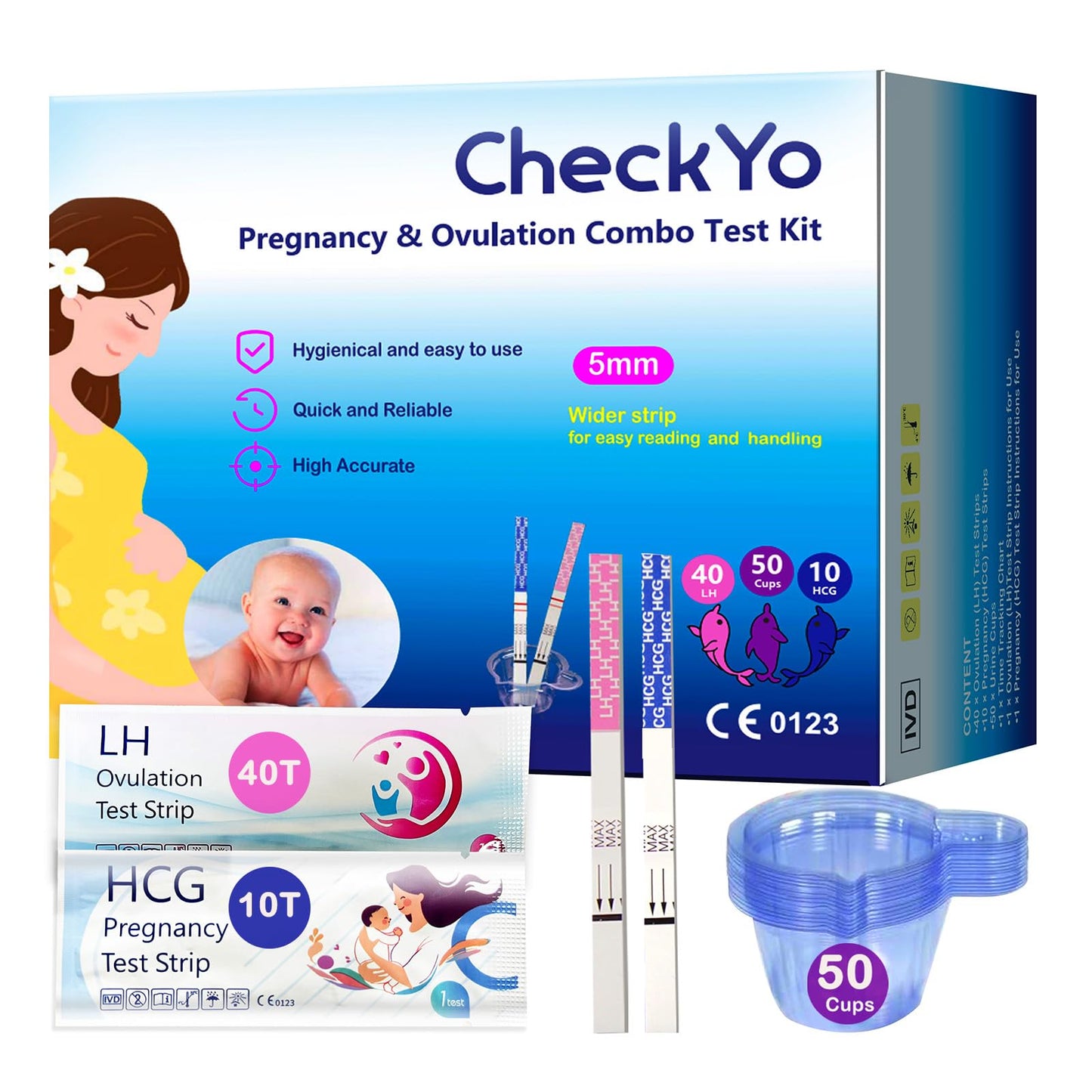 CheckYo Ovulation & Pregnancy Test Strips Combo — 40 LH + 10 HCG, 50 Collection Cups