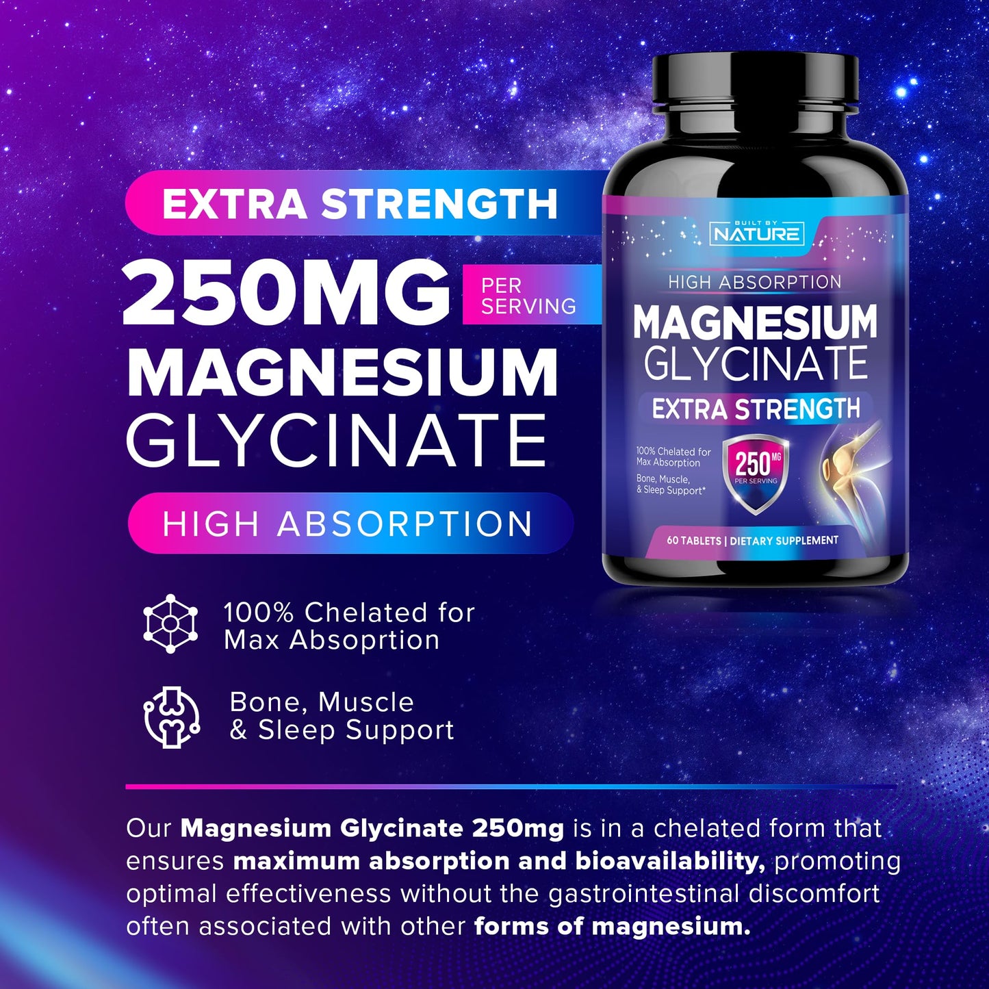 Magnesium Glycinate 250mg - High Absorption Chelated Magnesium Supplement for Stress, Sleep, Heart & Muscle Health - 100% Pure, Non-GMO, Vegan, Gluten-Free (60 Tablets)