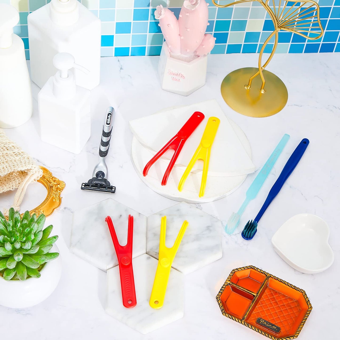 Chengu 4-Piece Dental Floss Holder – Reusable Flosser, Flossmate Handle (Red & Yellow)