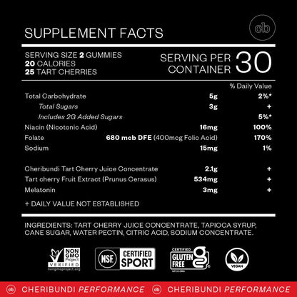 Cheribundi Tart Cherry Gummies Sleep – 25 Cherries, 3 mg Melatonin | 60 Count | Vegan, Gluten-Free, Non-GMO