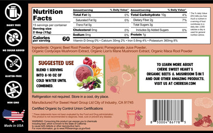 Cherie Sweet Heart Organic Beets & Mushroom 5 in 1 - Beet Root Powder, Mushroom Powder, 8 oz Jar, USDA Organic